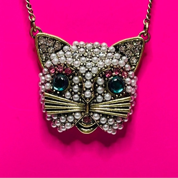 Betsey Johnson Jewelry - Betsey Johnson Vintage Gold Tone Cat Necklace with Faux Pearls and Rhinestones
